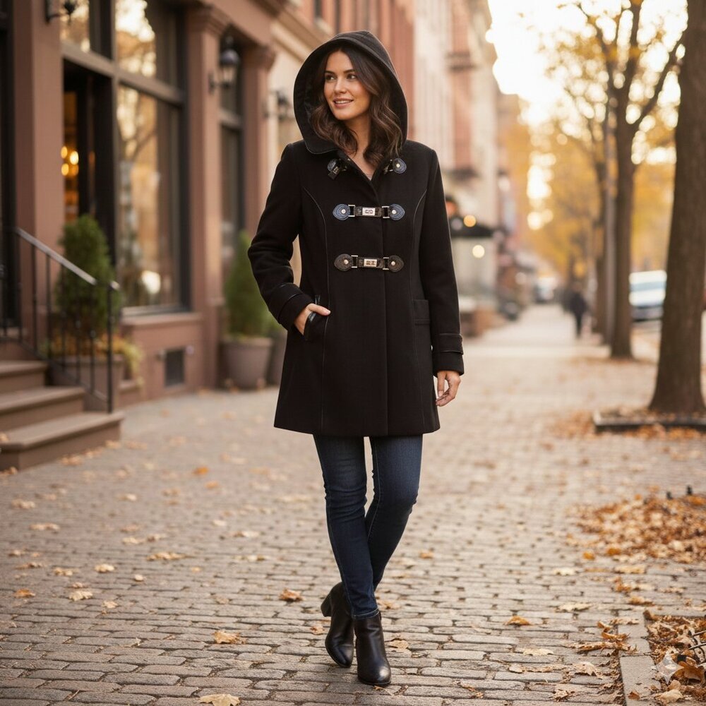 Style & Co Black Stretch Hooded Duffle Peacoat Toggle Coat Size S